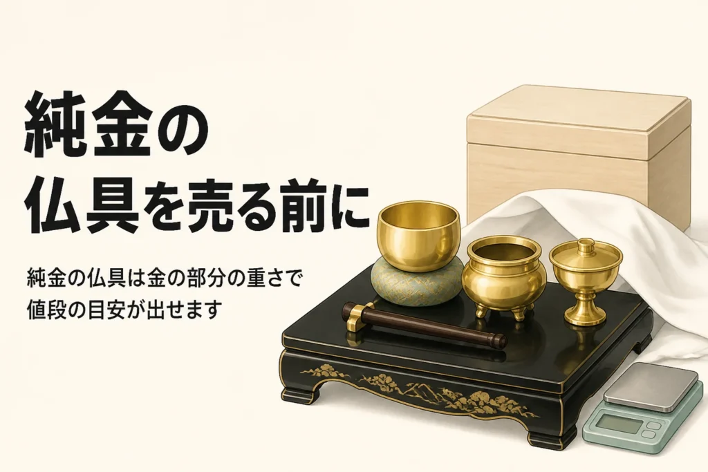 純金のおりんと香炉と仏飯器を描いたアイキャッチ