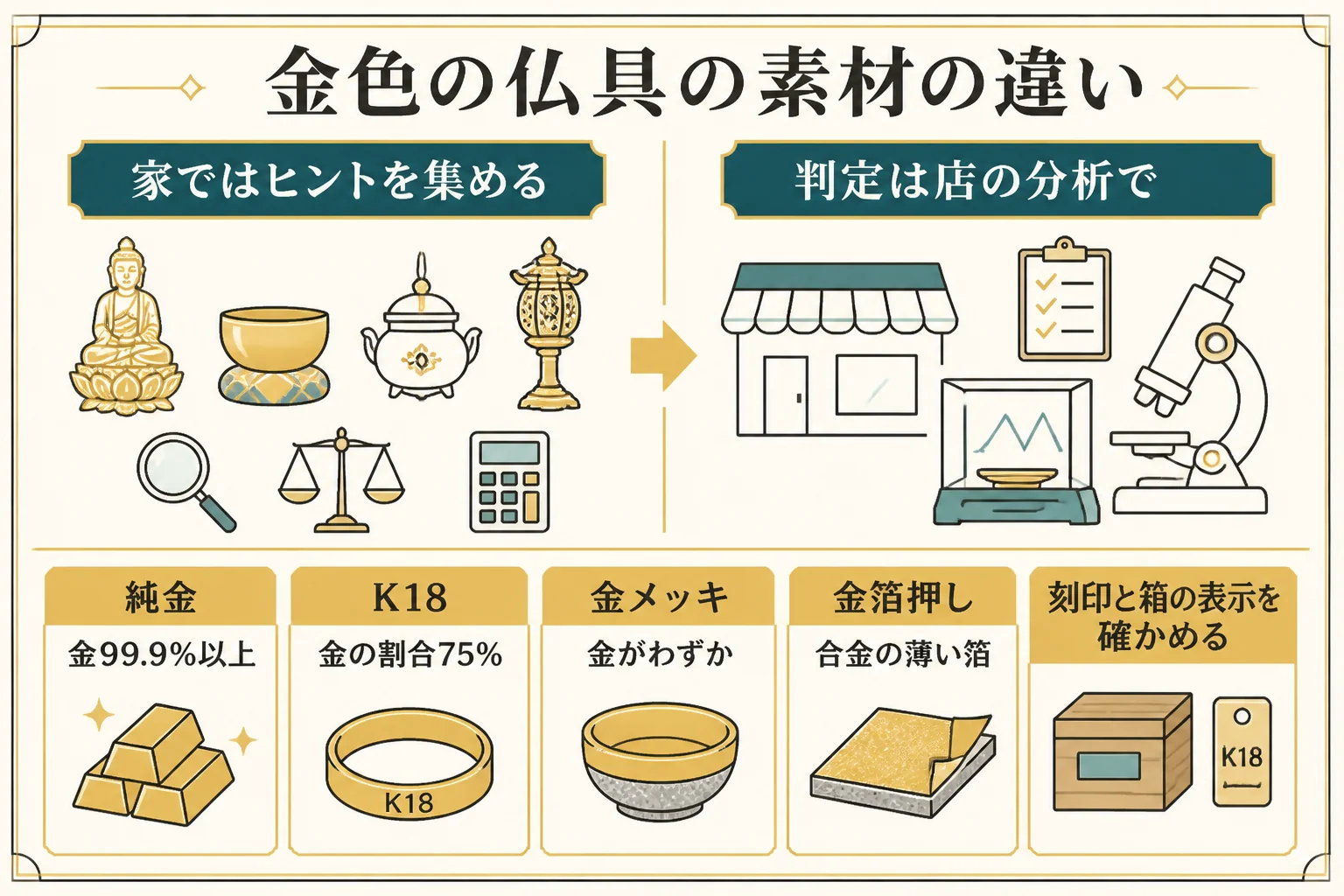 金色の仏具の素材の違いと確かめ方を示した図解