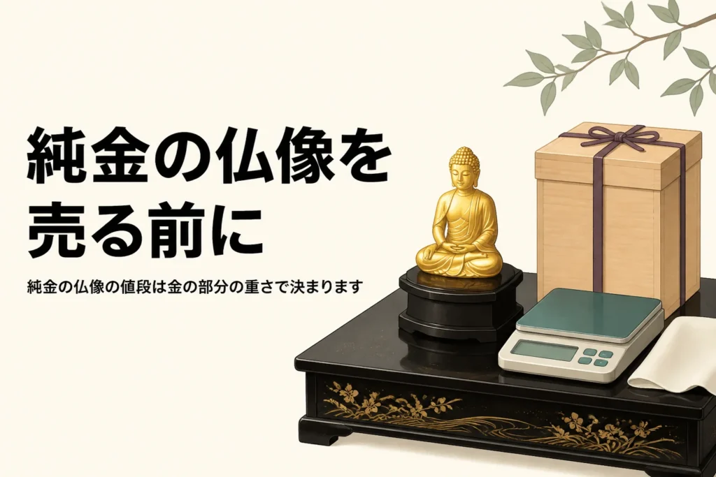 純金の仏像と桐箱とはかりを描いたアイキャッチ
