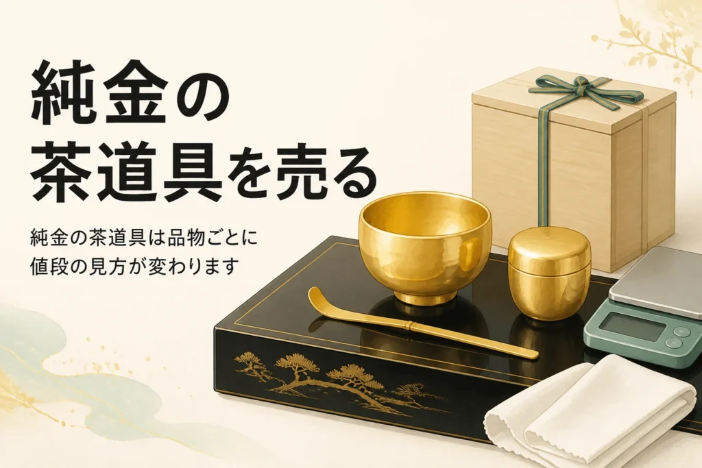 純金の茶碗と棗と茶杓と桐箱を描いたアイキャッチ