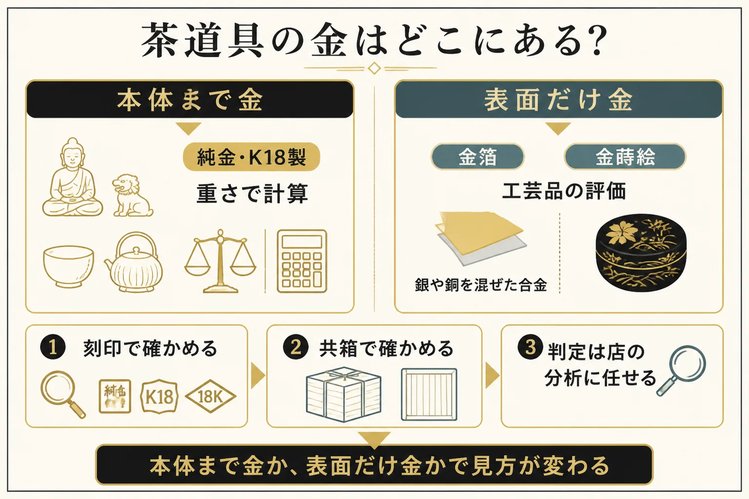 茶道具が純金製か表面だけ金かで見方が変わることを示した図解