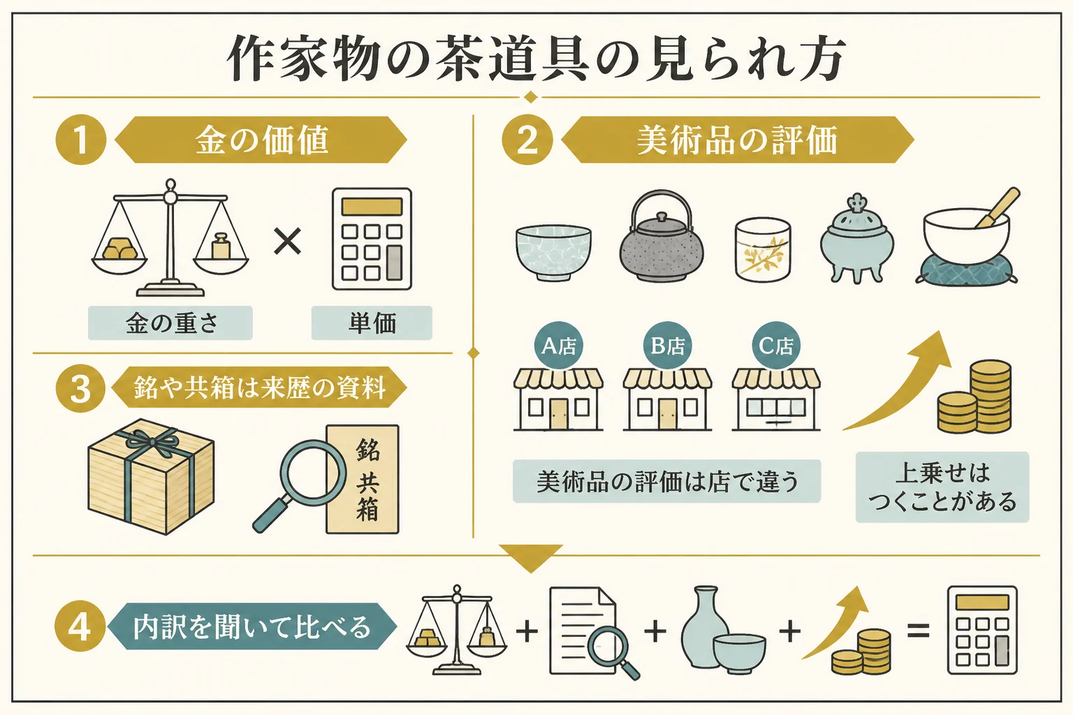 作家物の純金の茶道具は金の価値と美術品の評価の2つで見ることを示した図解