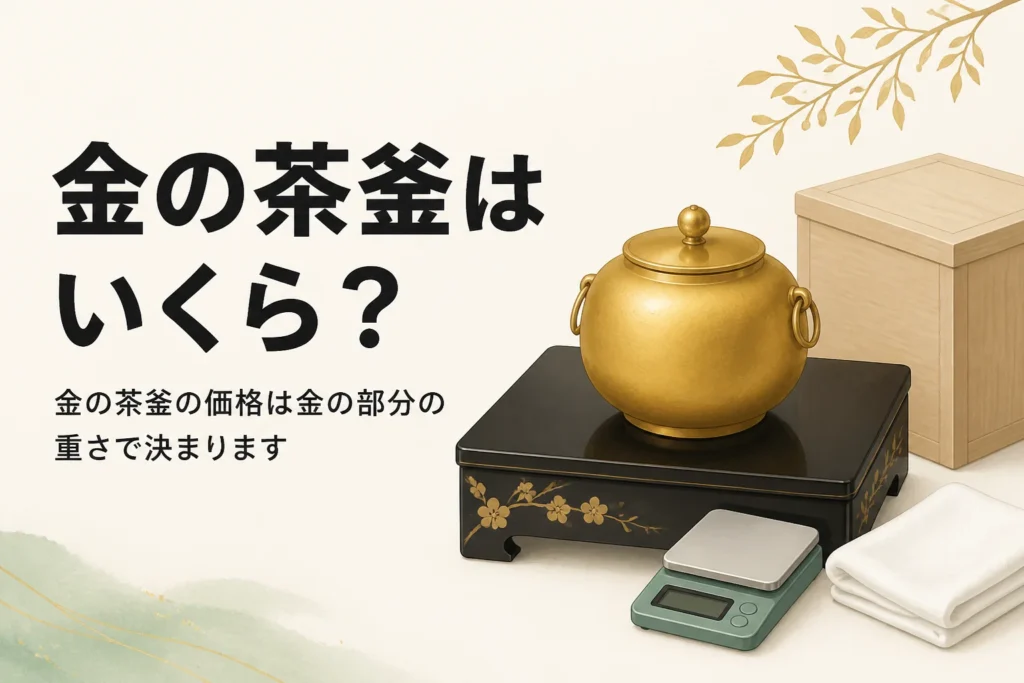 純金の茶釜と桐箱とはかりを描いたアイキャッチ