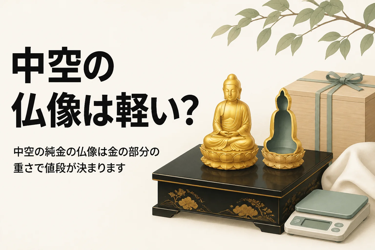 中空の純金の仏像の断面とはかりを描いたアイキャッチ