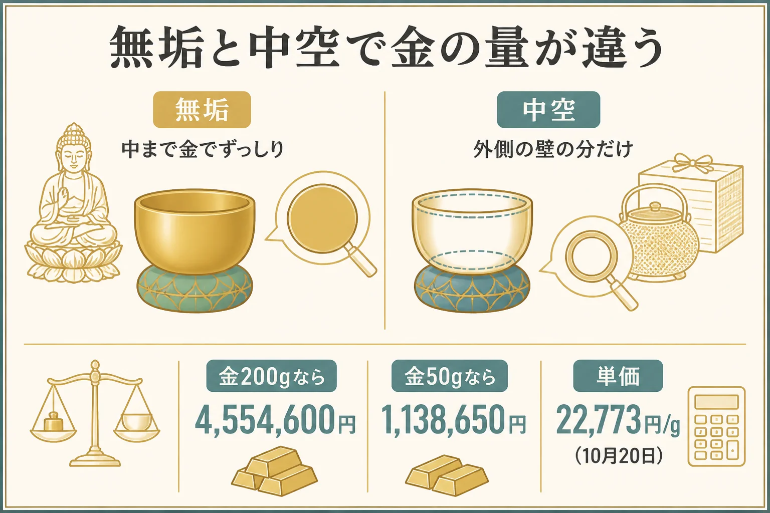 中空と無垢の純金の仏像で金の量が違うことを示した図解