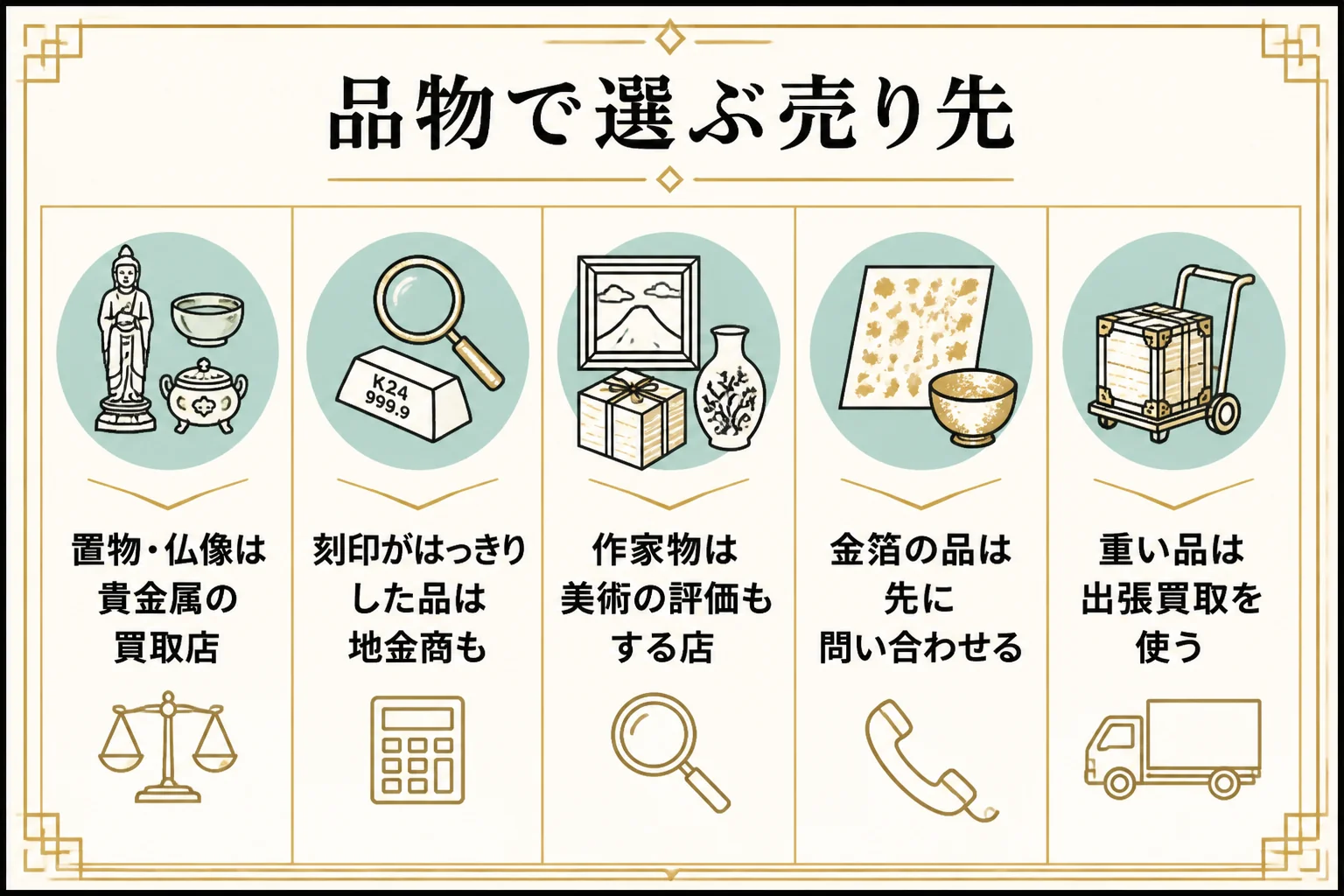 純金の置物の売り先を品物の種類で選ぶ流れを示した図解