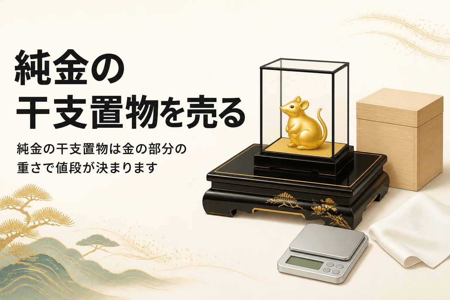 純金の干支置物とガラスケースとはかりを描いたアイキャッチ