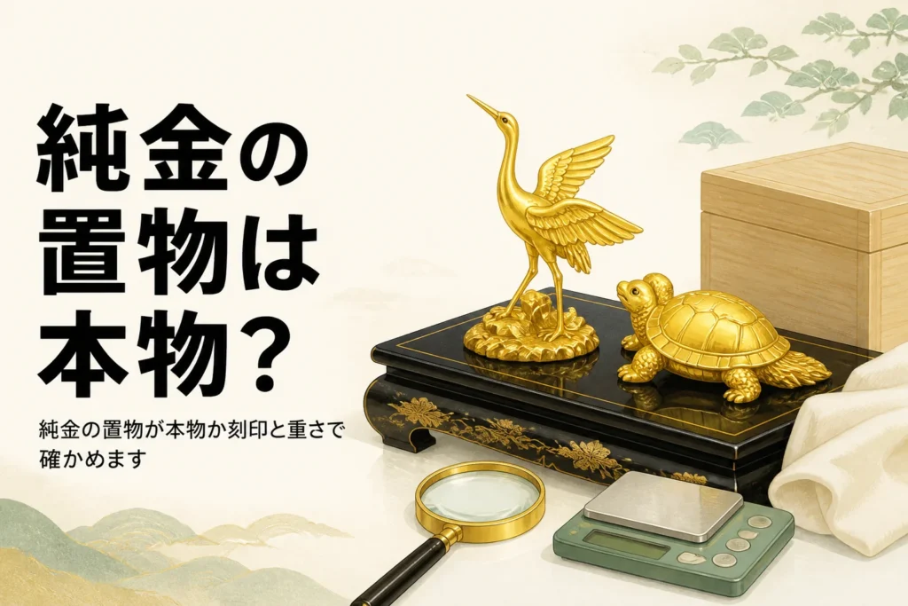 純金の鶴と亀の置物と虫めがねとはかりを描いたアイキャッチ