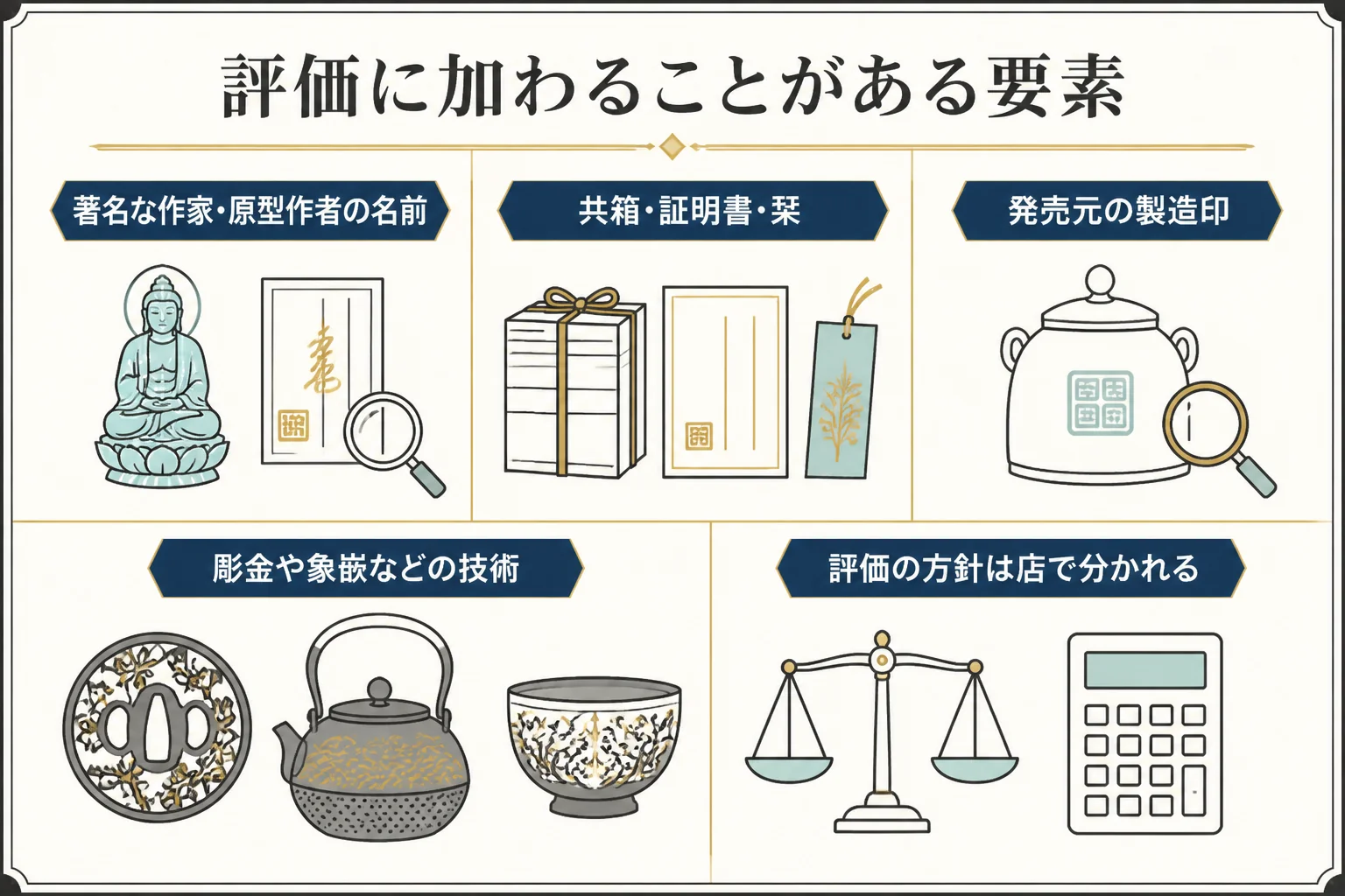 純金の置物で買取の評価に加わることがある要素を示した図解