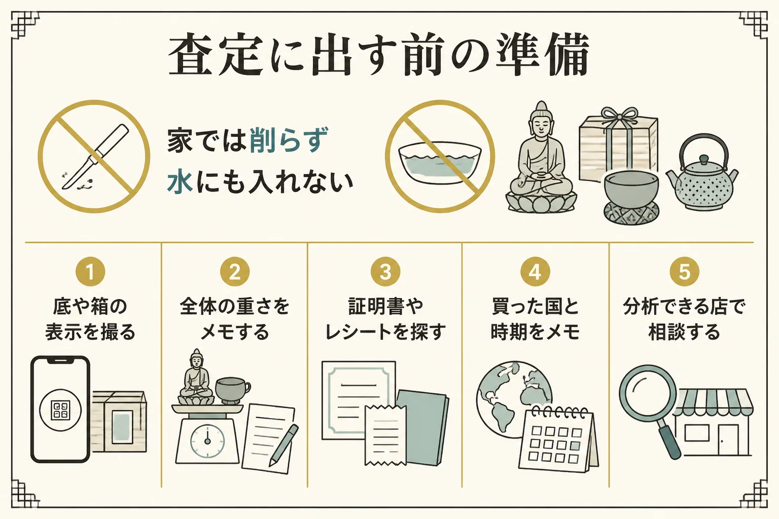 海外で買った金の置物を査定に出すまでの準備を示した図解