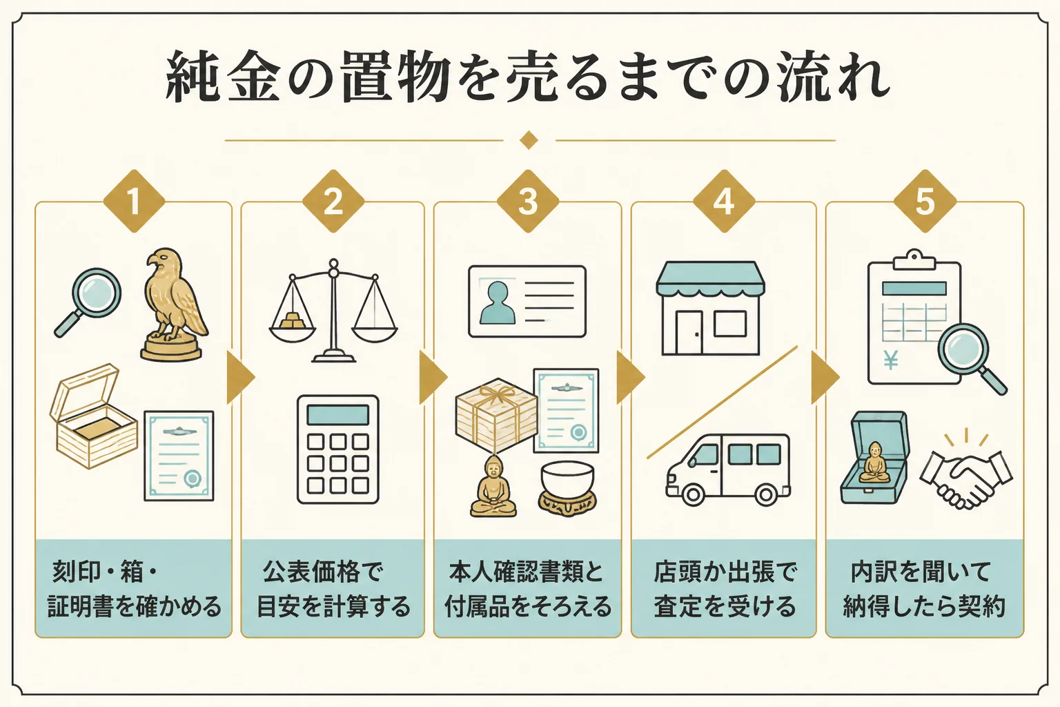 純金の置物を売るまでの流れを示した図解