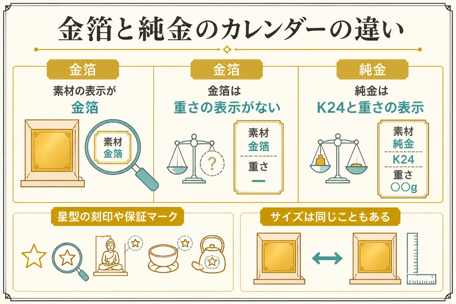金箔カレンダーと純金カレンダーの見分け方を示した図解