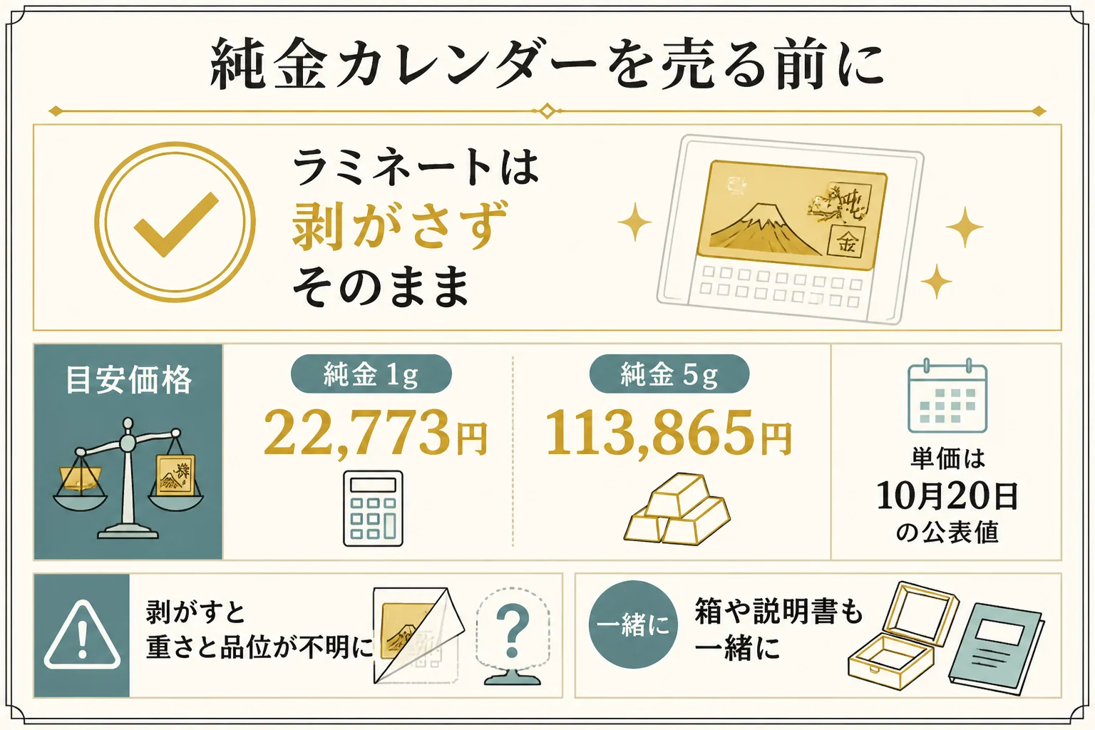 純金カレンダーの値段の目安と売る前の注意を示した図解