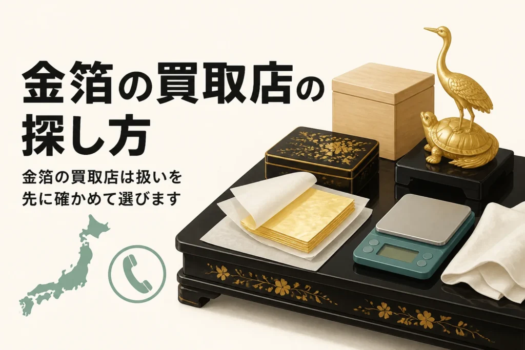 金箔の束と漆の小箱と地図のシルエットを描いたアイキャッチ