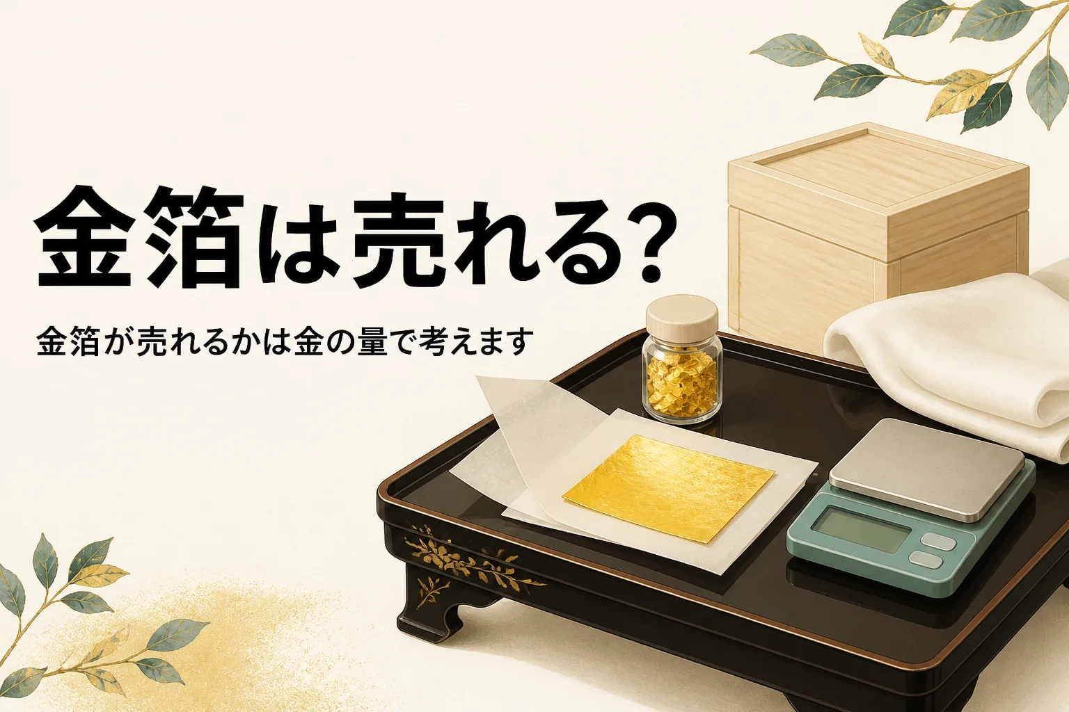 食用金箔の小瓶と金箔とはかりを描いたアイキャッチ