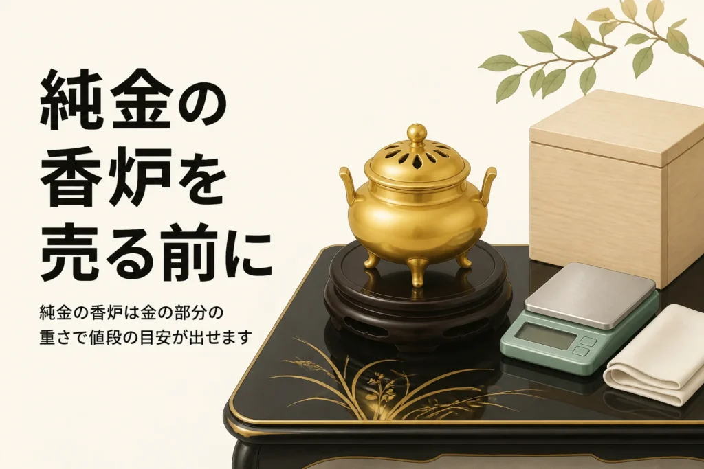 純金の香炉と桐箱とはかりを描いたアイキャッチ