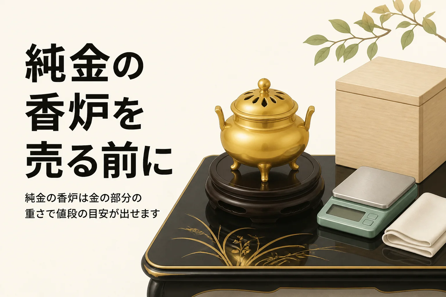 純金の香炉と桐箱とはかりを描いたアイキャッチ