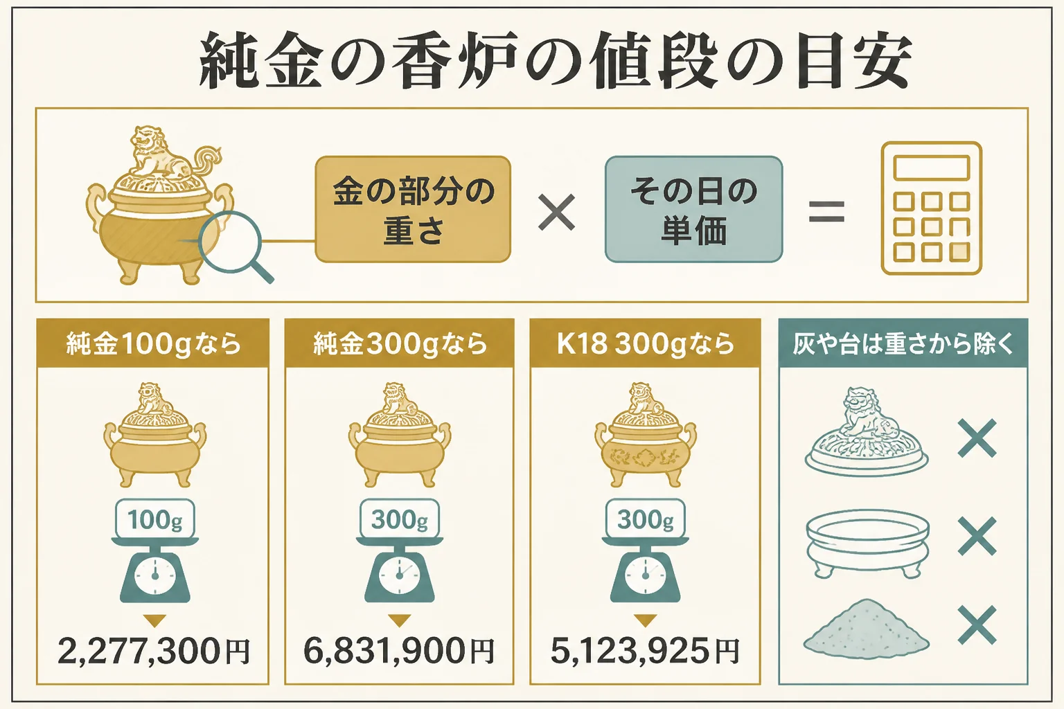 純金の香炉の値段を重さと単価で計算する流れを示した図解