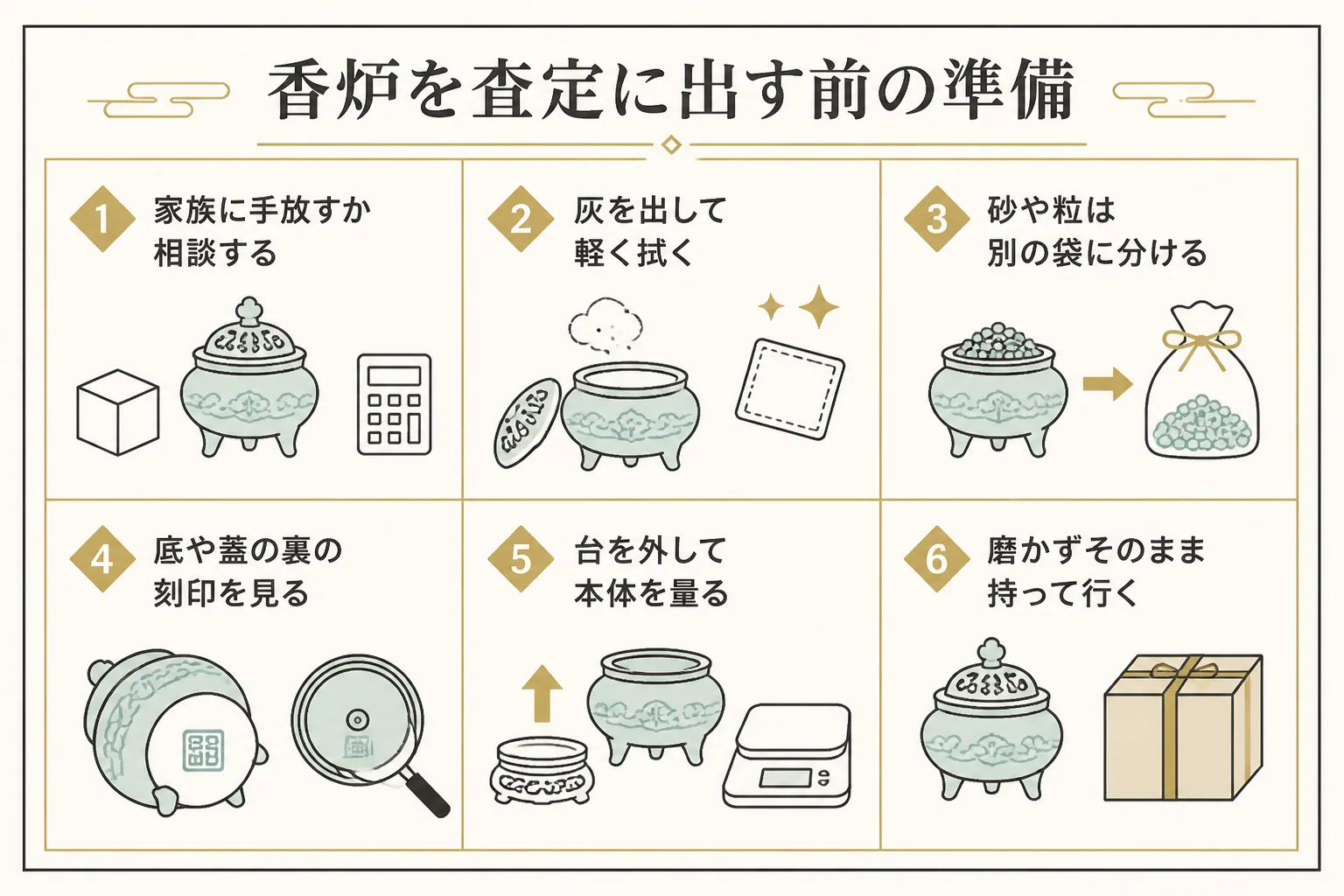 純金の香炉を査定に出す前の準備を示した図解