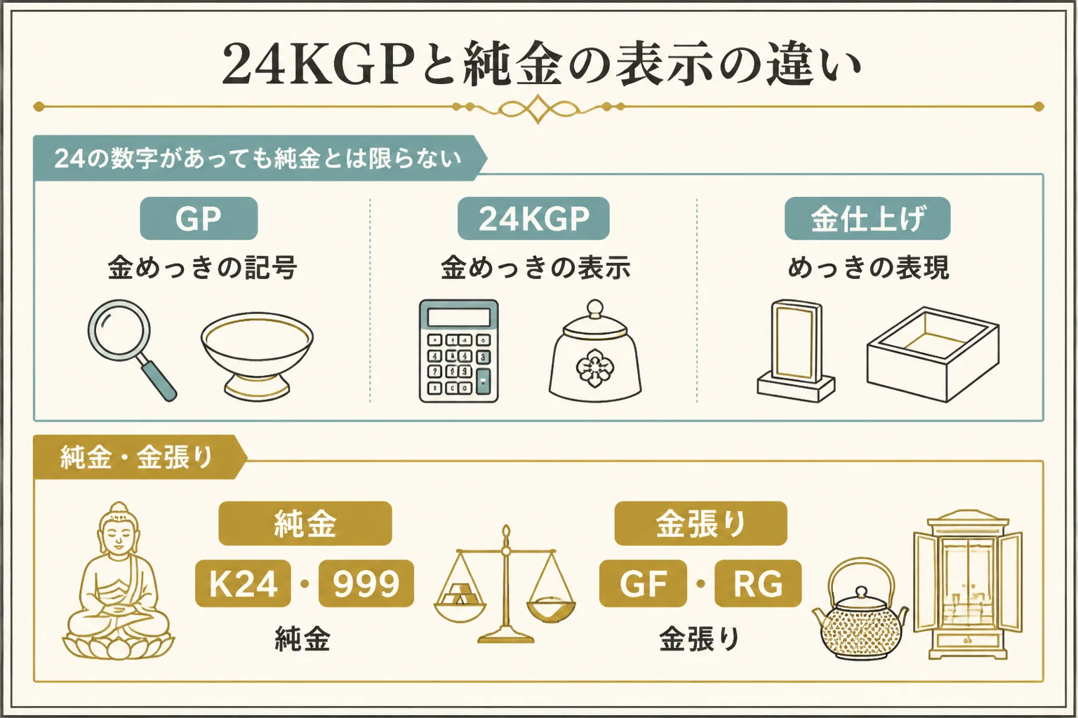 24KGPと純金の表示の違いを示した図解
