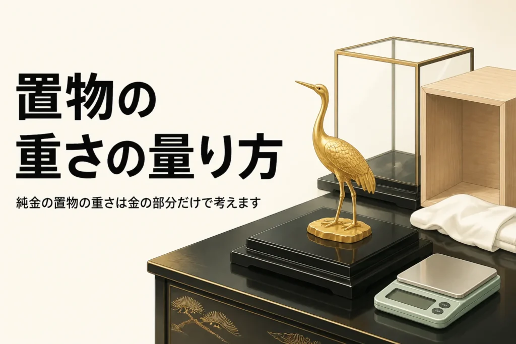純金の置物とデジタルはかり、ガラスケースと木箱を描いたアイキャッチ