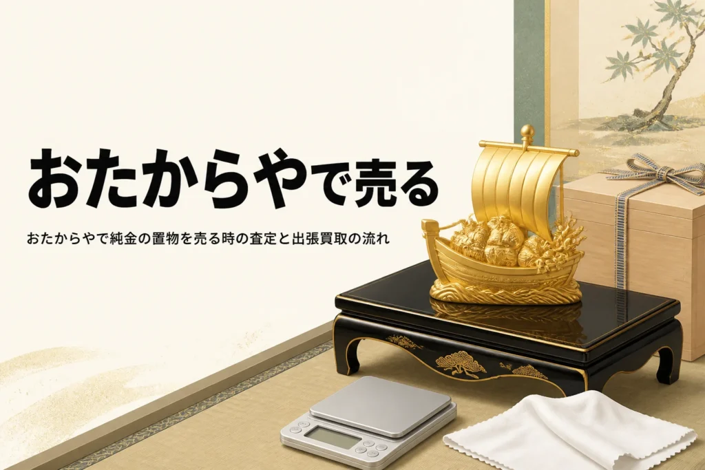 床の間に置いた純金の宝船の置物と桐箱とはかりを描いたアイキャッチ