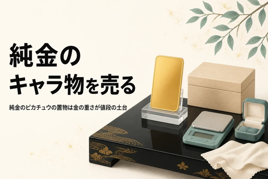 金色のカード型の板とアクリルスタンドとはかりを描いたアイキャッチ