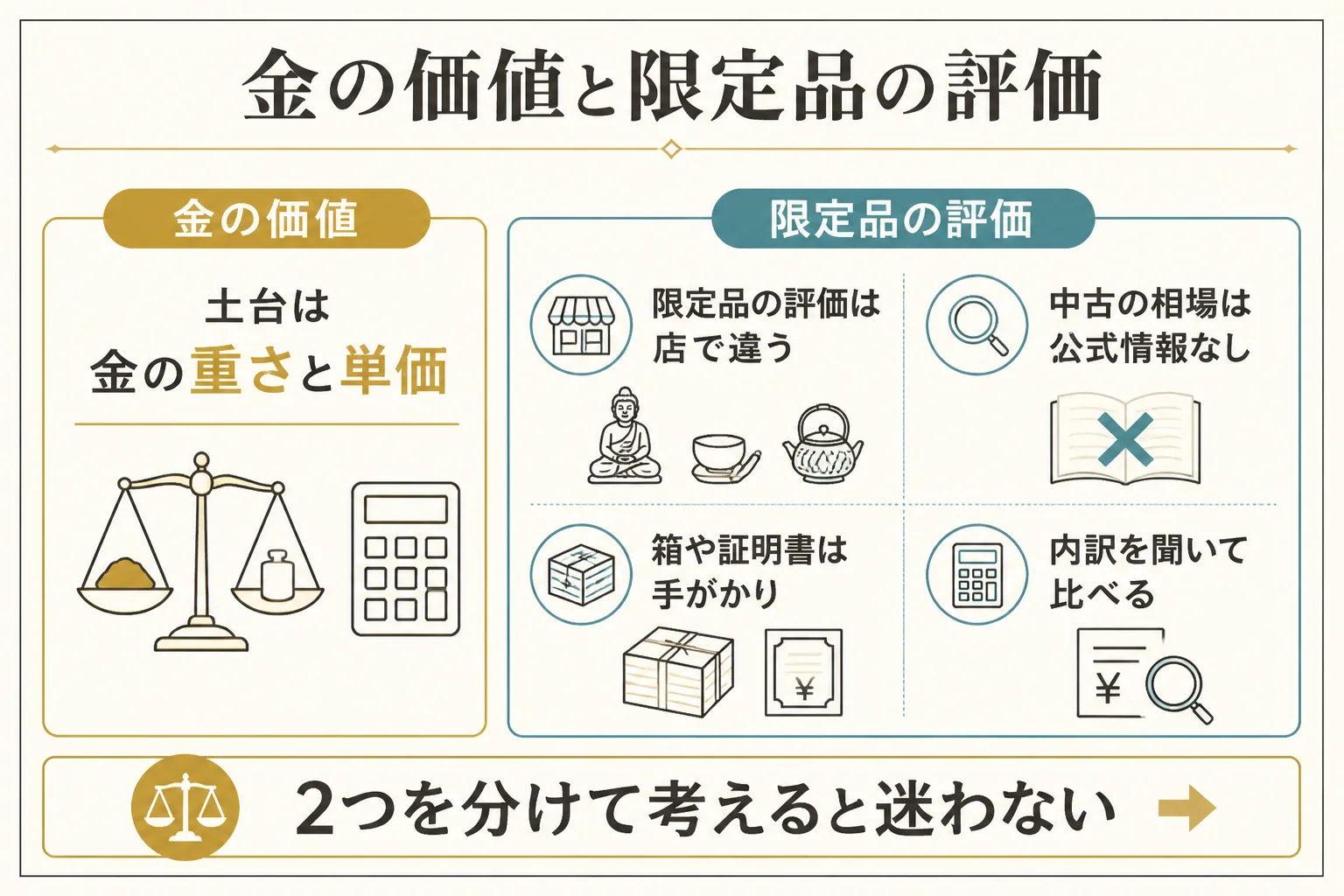 純金のキャラクター物で金の価値と限定品の評価を分けて考えることを示した図解