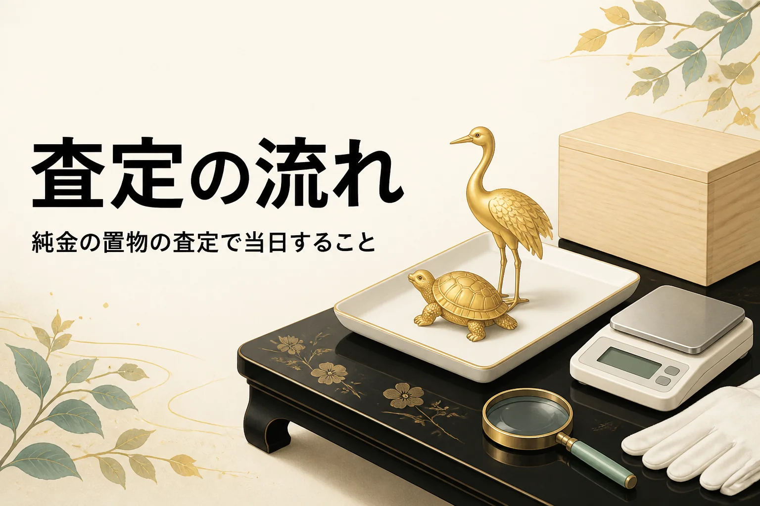 トレーにのせた純金の置物とはかりとルーペを描いた査定のアイキャッチ