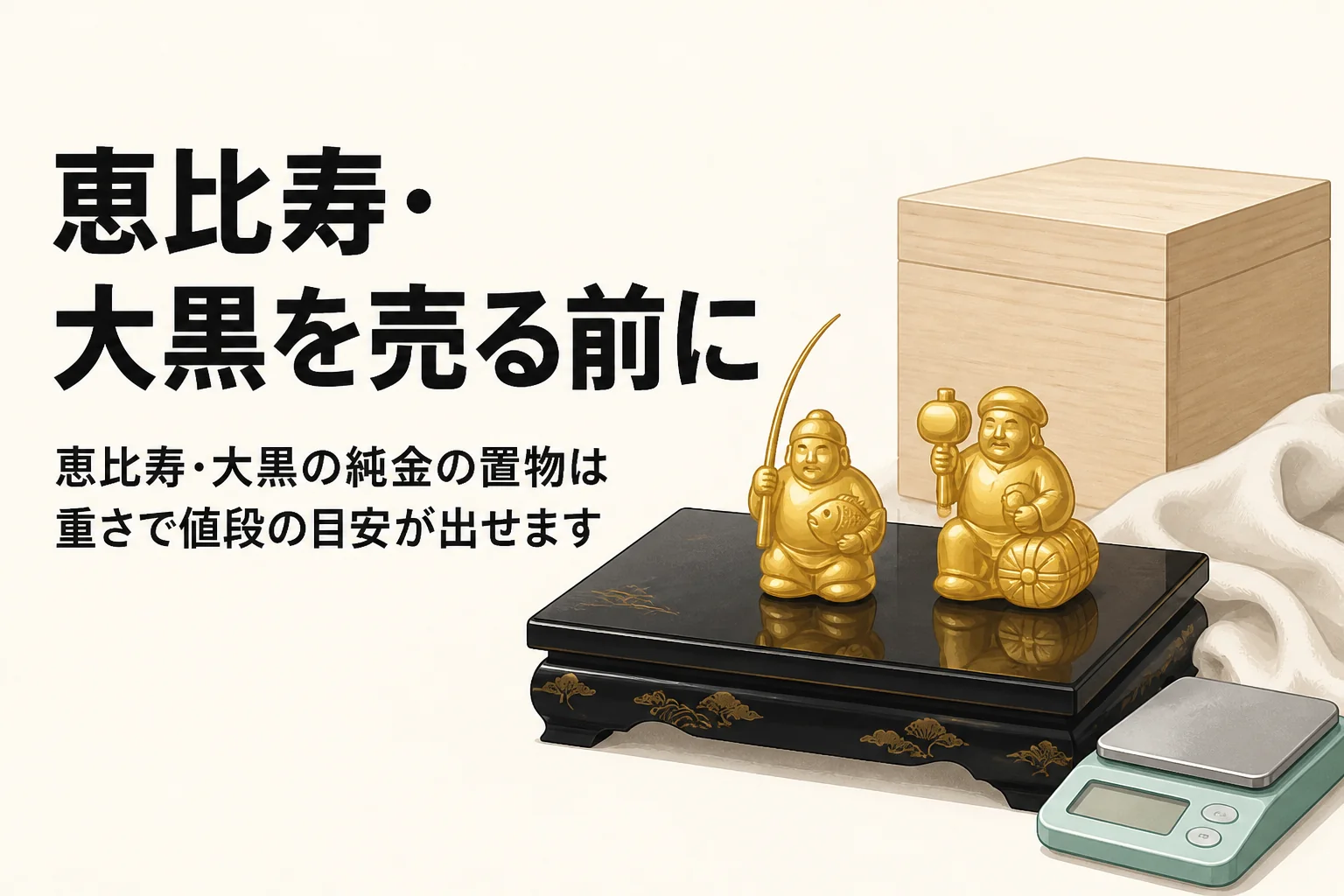 恵比寿と大黒の純金の置物と桐箱とはかりを描いたアイキャッチ