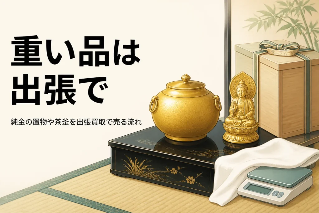 和室に置いた純金の茶釜と坐像と桐箱を描いた出張買取のアイキャッチ