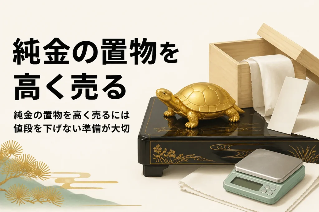 純金の置物と桐の木箱、栞、はかりを描いたアイキャッチ