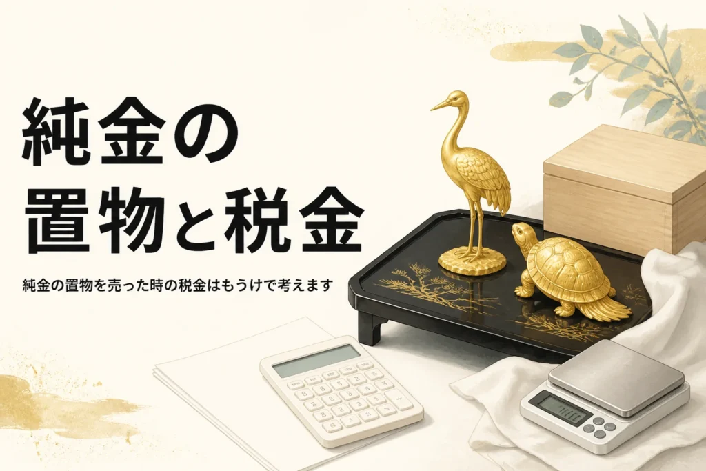 純金の置物と書類と電卓を描いた税金のアイキャッチ